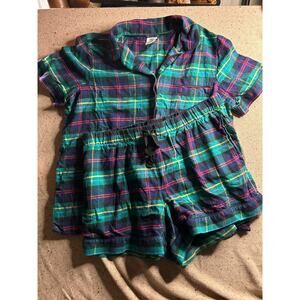 Lands’ End Teal Green Plaid Flannel Pajama Short Set Large Cozy Soft Sleep